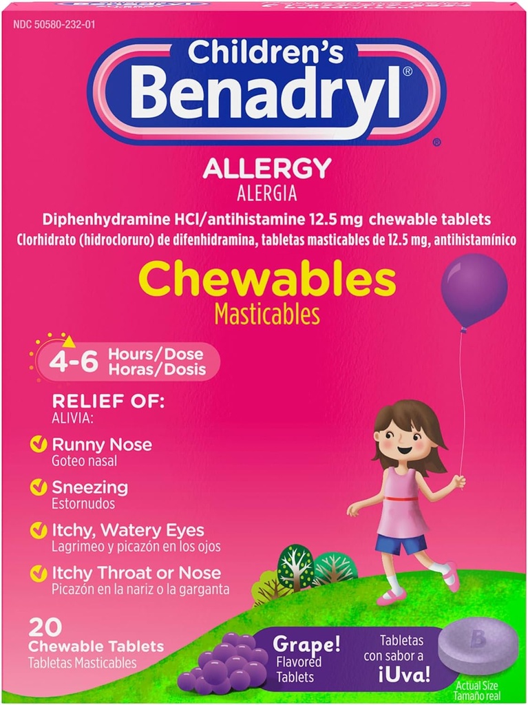 Benadryl Παιδική Αλλεργία Ιατρική Μασώμενα με διφαινυδραμίνη HCl, Μασώμενα Παιδικά Αντιισταμινικά δισκία για την ανακούφιση της αλλεργίας Συμπτώματα όπως Φτάρνισμα & Ίτσι Μάτια, Σταφύλι Γεύση, 20 ct