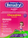 Benadryl Παιδική Αλλεργία Ιατρική Μασώμενα με διφαινυδραμίνη HCl, Μασώμενα Παιδικά Αντιισταμινικά δισκία για την ανακούφιση της αλλεργίας Συμπτώματα όπως Φτάρνισμα & Ίτσι Μάτια, Σταφύλι Γεύση, 20 ct