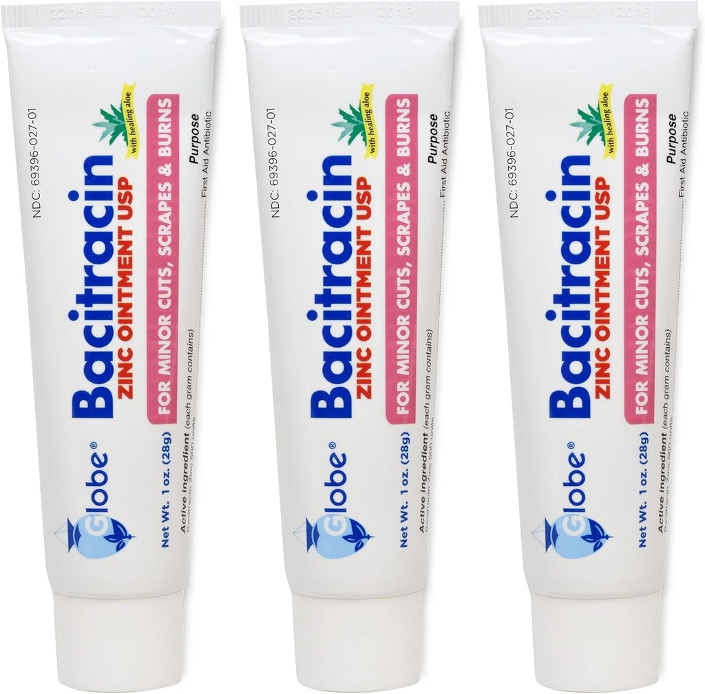 Globe (3 Pack) Bacitracin Zinc Ointment + Aloe 1oz - Μέγιστη δύναμη Αντιβιοτικό για την επούλωση τραύματος - Topical Medicated Solution for cuts, Burns, Scrapes - Λοιμώξεις δέρματος & Πρώτες Βοήθειες Απαραίτητα