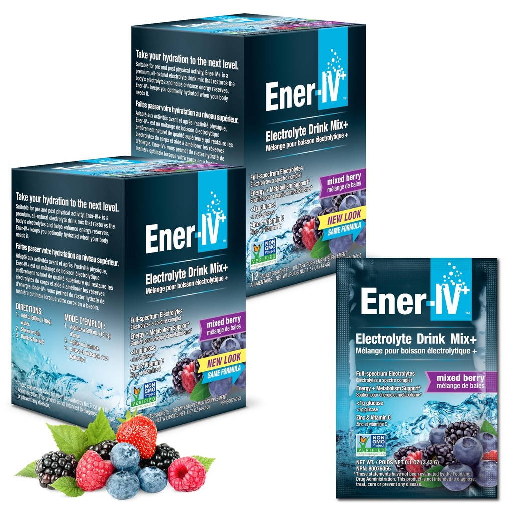 Ener-IV Ηλεκτρολυτικό Μείγμα - Ηλεκτρολυτές Powder Packets, Ενυδάτωση Powder Drink, Ενυδατικό Υγρό Mix, Χαμηλή Ενυδατική Ζάχαρη για Γυναίκες & Άνδρες - Μικτό μούρο, 24 Count