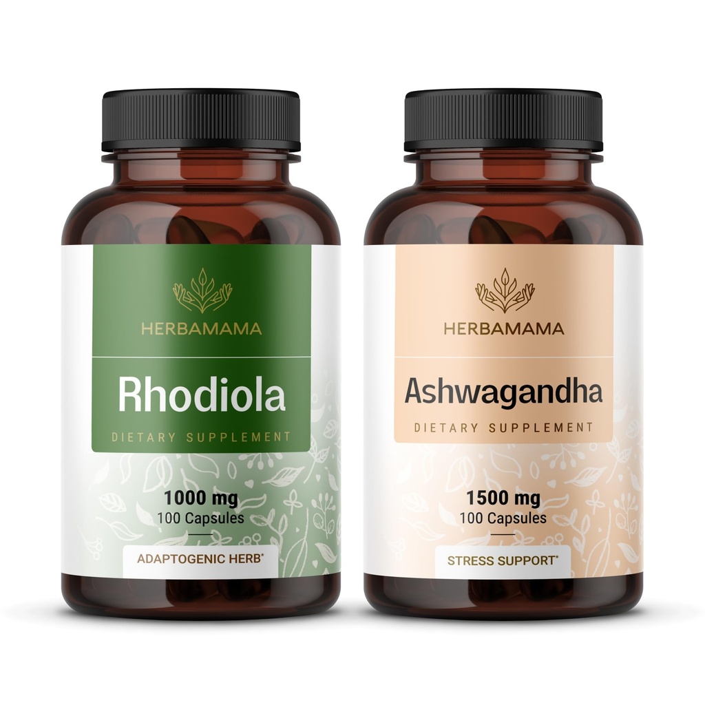 HERBAMAMA Rhodiola Rosea και Ashwagandha Kit - Συσκευασία των 1000 mg Rhodiola Rosea Κάψουλες & 1500 mg Ashwagandha Root Caps - Vegan, Non-GMO, Gelatin- Free - 2 Pack