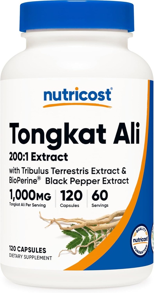 Nutricost Tongkat Ali 1.000mg 120 Κάψουλες - με Tribulus Terrestris και BioPerine, χορτοφαγικά Caps, μη ΓΤΟ, Χωρίς γλουτένη, ισχυρό εκχύλισμα