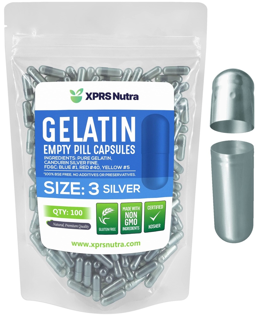 XPRS Nutra Μέγεθος 3 Κενές κάψουλες - 100 Count Empty Gelatin Κάψουλες - Χάπια DIY Καψάκιο Γέμισμα - Καθαρά καπάκια τζελ Μπόβιν Χάπια για το Do-It-Yourself Συμπληρώματα (Ασημί)