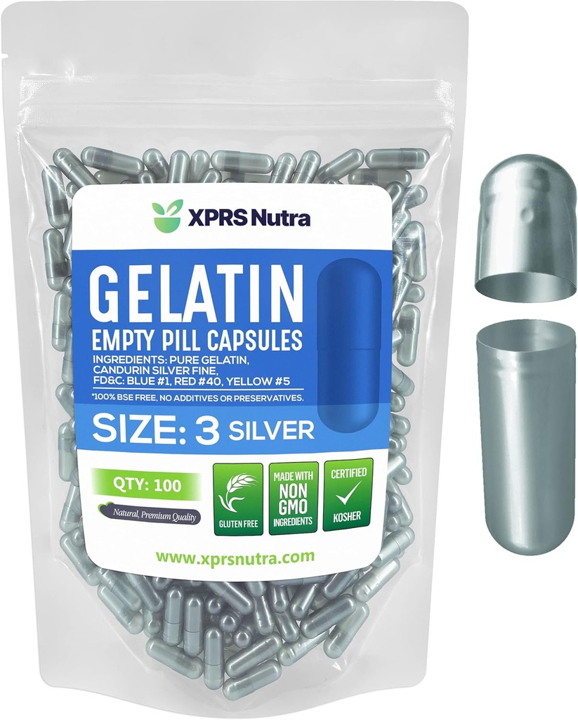 XPRS Nutra Μέγεθος 3 Κενές κάψουλες - 100 Count Empty Gelatin Κάψουλες - Χάπια DIY Καψάκιο Γέμισμα - Καθαρά καπάκια τζελ Μπόβιν Χάπια για το Do-It-Yourself Συμπληρώματα (Ασημί)