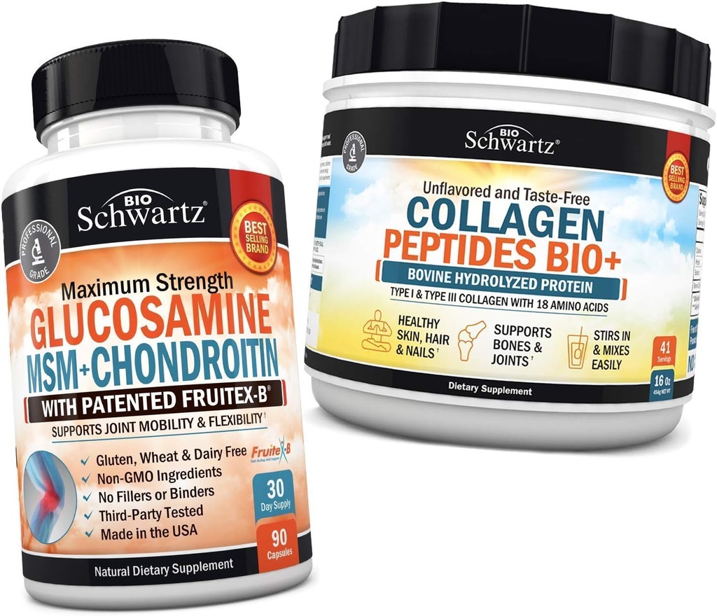 BioSchwartz Glucosamine Chondroitin MSM + Κολαγόνο Peptides σε σκόνη - Υγιής Οστά & Κοινή Υποστήριξη - Προωθεί Ευελιξία & Υποστηρίζει Cartilage