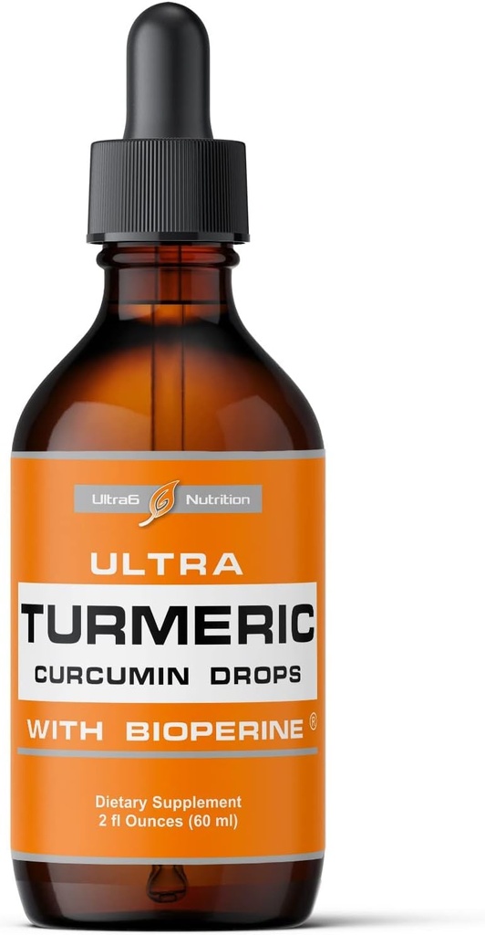 Ultra6 Nutrition Liquid Turmeric Curcumin Extract with Black Pepper - Turmeric Drops with Bioperine - Easy-to-Take Supplements Made in USA (60ml)