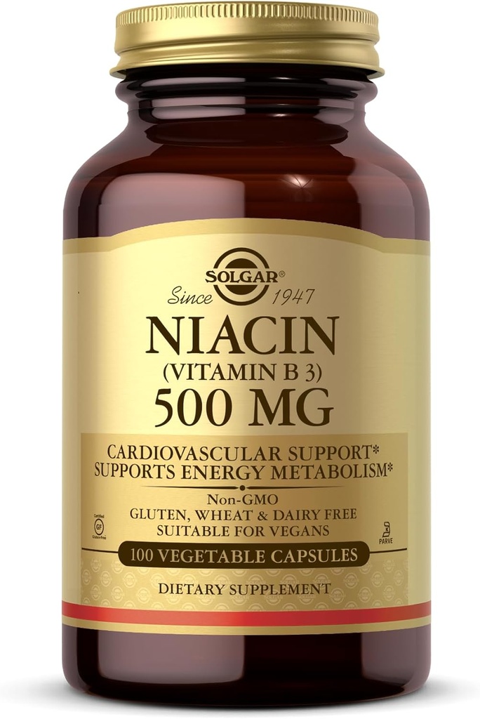 Solgar Niacin (Vitamin B3) 500 mg, 100 κάψουλες λαχανικών - Ενεργειακός Μεταβολισμός - Μη ΓΤΟ, Vegan, Χωρίς γλουτένη, Χωρίς γαλακτοκομικά, Kosher - 100 Σερβιέτες
