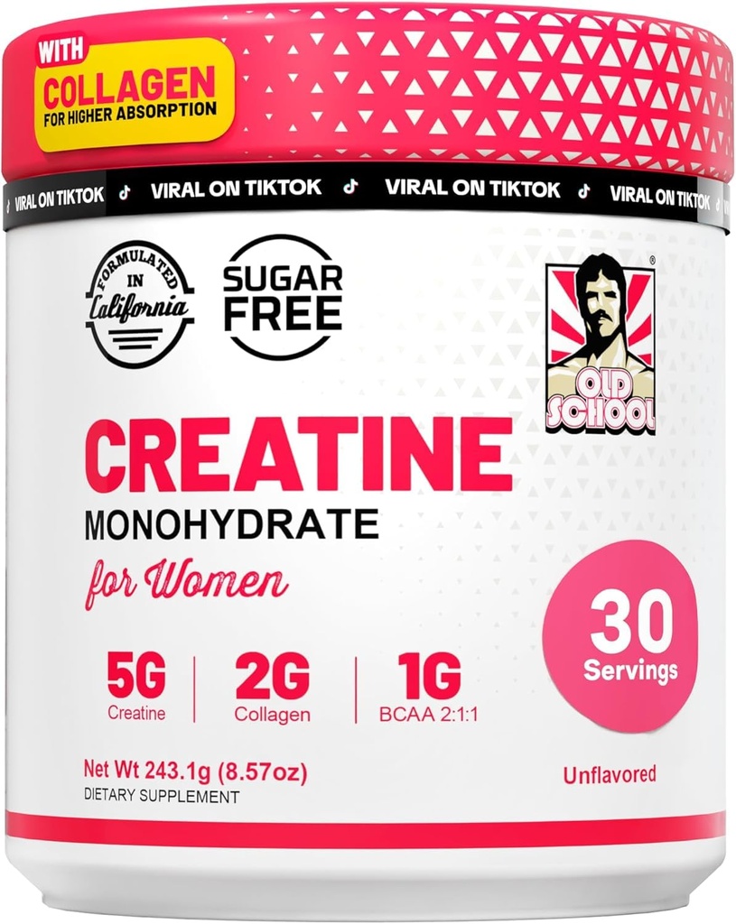 Παλιά Σχολικά Εργαστήρια Creatine για τις γυναίκες – Μετά την προπόνηση συμπλήρωμα με 5000mg Creatine Monohydrate σκόνη, 2000mg Collagen & BCAA 2:1:1 για τη δύναμη Υποστήριξη & Ανάκτηση – Unflavoured - 8.57 Ουγγιά (Pack of 1)