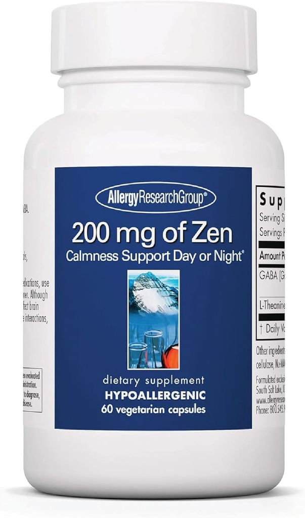 Ομάδα Έρευνας Αλλεργίας 200 mg Zen - GABA L-Theanine συμπλήρωμα, Φυσική ηρεμία, ύπνος & χαλάρωση Υποστήριξη για γυναίκες & άνδρες, Πάρτε ημέρα ή νύχτα για χαλάρωση & ήρεμη ενέργεια - 60 κάψουλες χορτοφάγων
