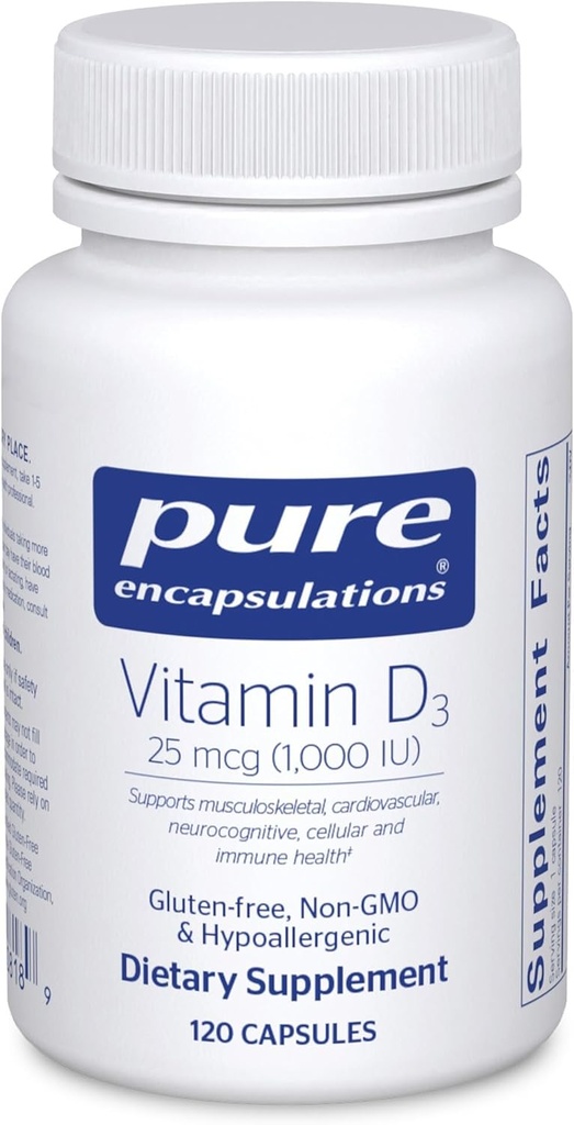 Pure Encapsulations Βιταμίνη D3 25 mcg (1, 000 IU) - Συμπλήρωμα για την υποστήριξη των οστών, των αρθρώσεων, του μαστού, της καρδιάς, του παχέος εντέρου και του ανοσοποιητικού - με Premium βιταμίνη D - 120 κάψουλες