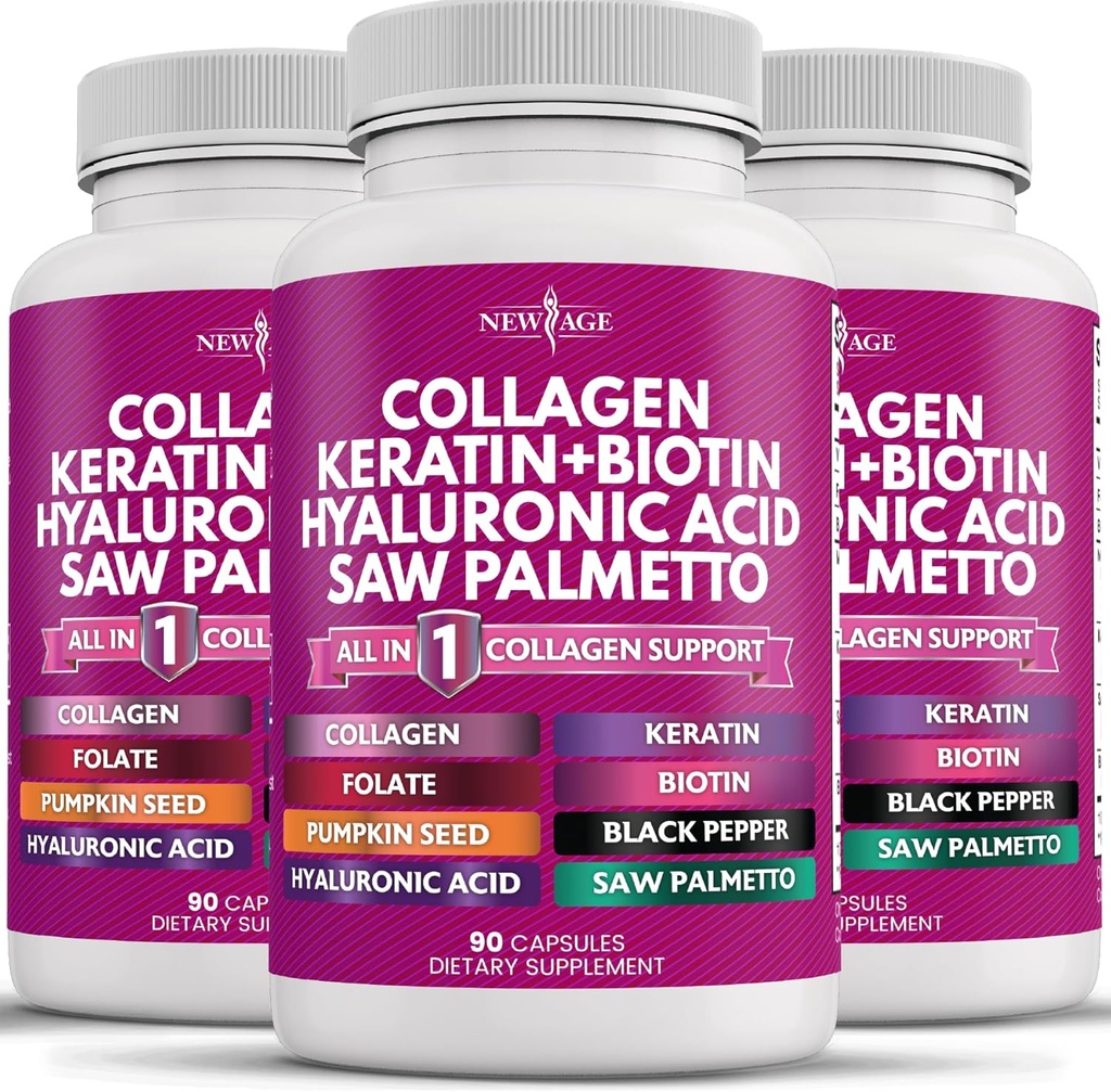 NEW AGE Collagen Pills Biotin Keratin Saw Palmetto Hyaluronic Acid- Vitamin E Folic Acid Pumpkin Seed MSM- 270 Count