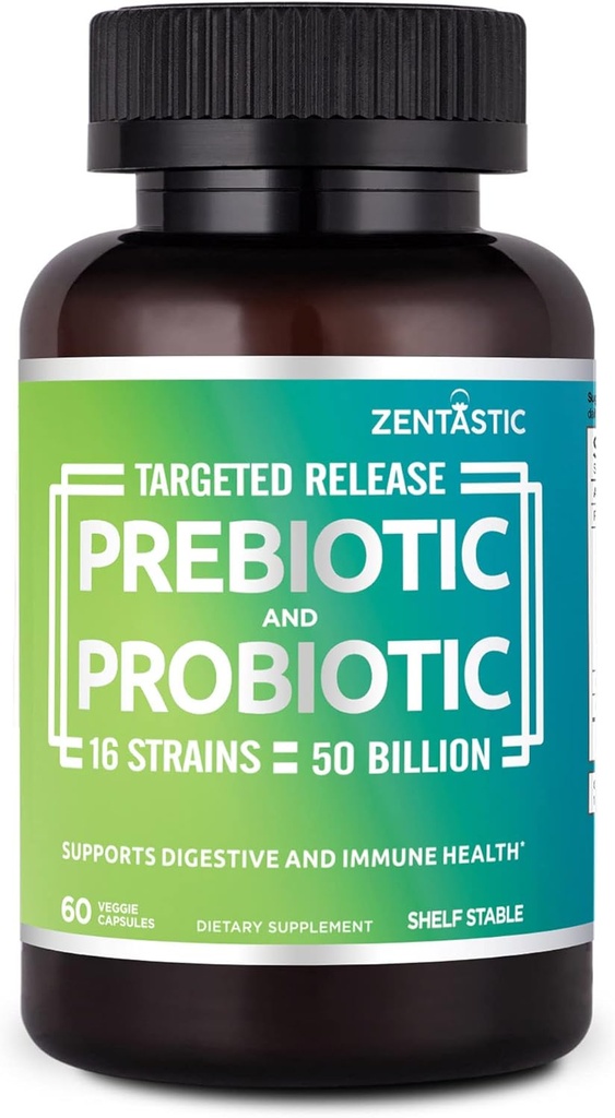 Zentastic Probiotics & Prebiotics Supplement - 50 Δισεκατομμύρια CFU - για την Ανοσοποιητική & Πεθητική Υγεία Ανδρών & Γυναικών - 16 Στελέχη - Ράφι Σταθερό - 60 Καθυστερημένες κάψουλες απελευθέρωσης