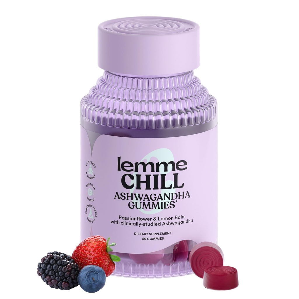 Lemme Chill Stress Relief Gummies με 300mg KSM-66 Ashwagandha, Lemon Balm, Passionflower & Goji για την υποστήριξη της χαλάρωσης, της υγιούς κορτιζόλης & του ύπνου - Χωρίς γλουτένη, Μη ΓΤΟ, Μικτό μούρο (60 κόμης)