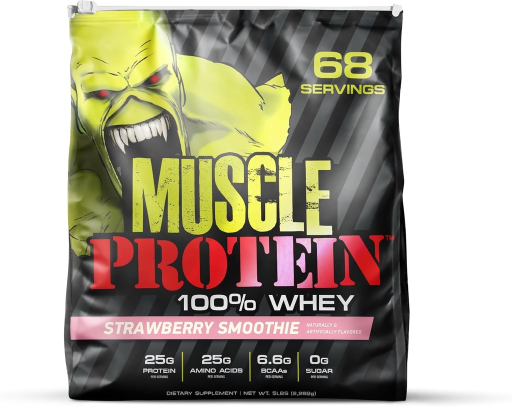 COLOSSAL LABS Muscle Protein Whey Powder [5 lbs/Pack of 1]– Cold Filtered, 25g Pure Protein, 6.6g BCAAs (Packaging May Vary) (5LB, Strawberry)