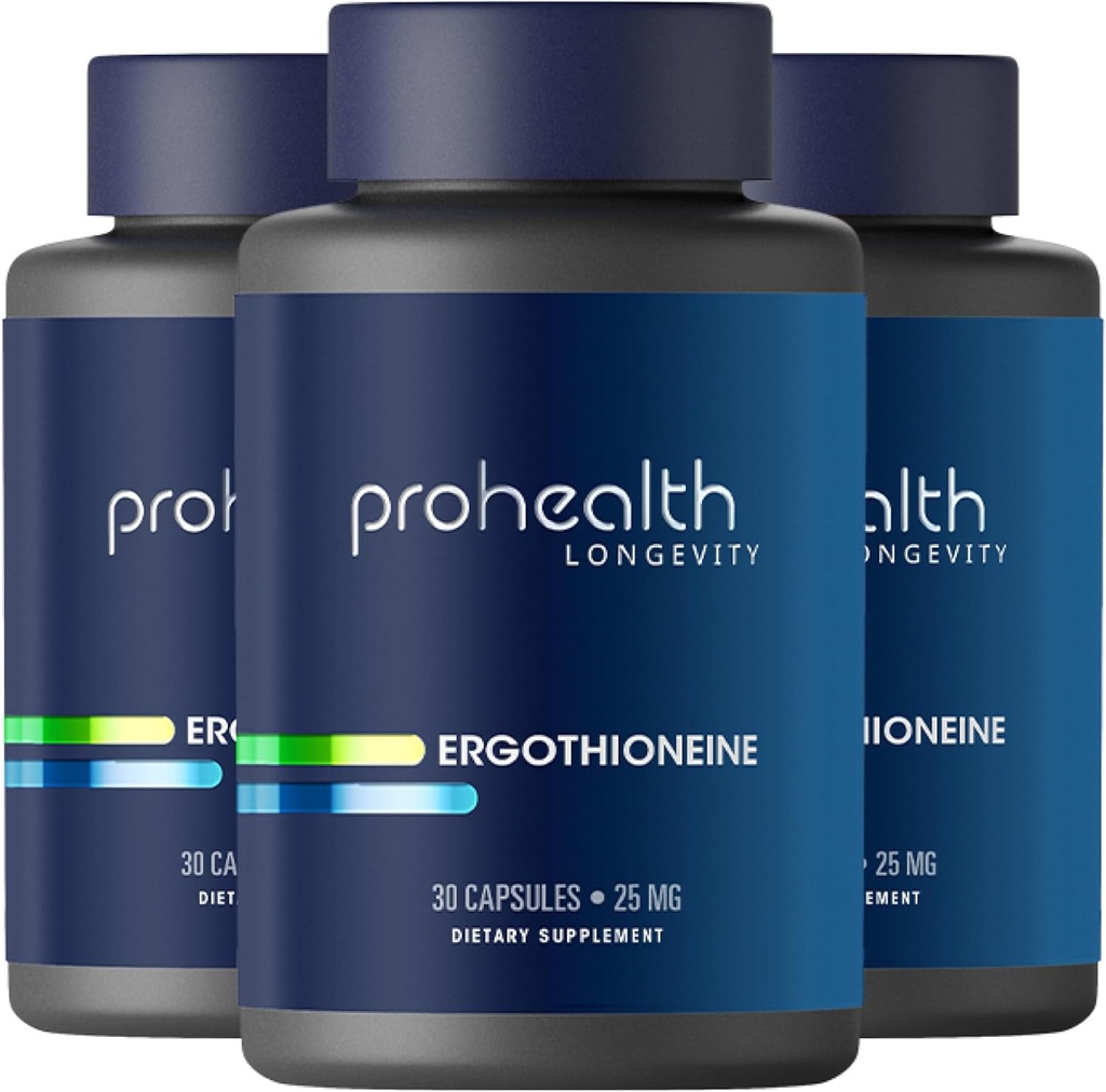 ProHealth Ergothionine 5X Strength. 25mg Δόση Κλινικής Έρευνας. Φυσικό Amino Acid Mushroom Συμπλήρωμα για Βελτιωμένη Γνωμάτευση, Υγεία της Καρδιάς. Διαρκής Βιταμίνη. 25 mg/serving, 30 μερίδες (3 Pack)