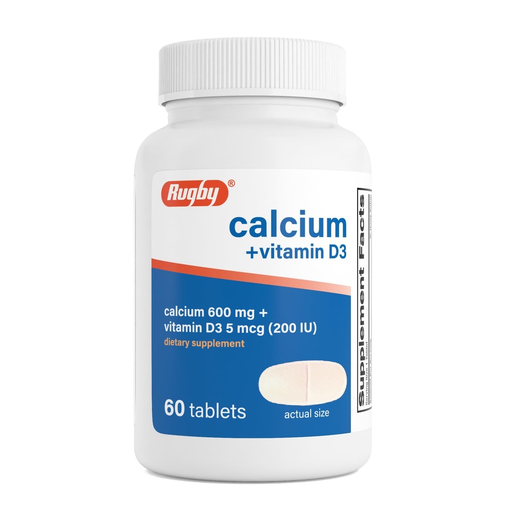 Rugby Calcium 600 mg δισκία με βιταμίνη D3 200IU (5 mcg) - Gluten- Free Daily Vitamin D Συμπλήρωμα διατροφής για την υγεία των οστών και την απορρόφηση ασβεστίου, 60 Count (1 Pack)