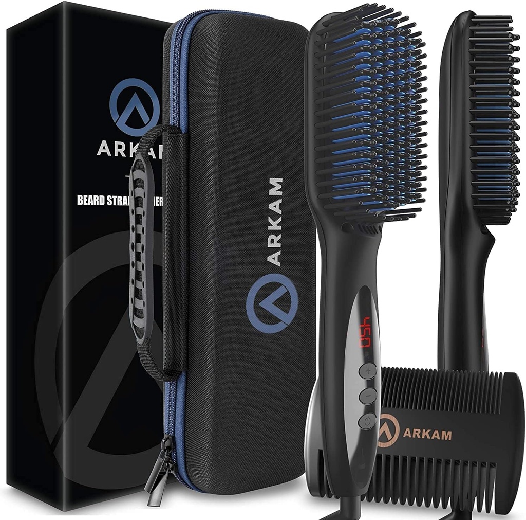 Arkam Beard Straightener για τους άνδρες -Premium θερμαινόμενο Brush Kit w/Anti-Scald Χαρακτηριστικό, διπλής δράσης κομμωτήριο και σκληρή θήκη Shell Ταξίδια για Μεσαίου έως Μακρού Beards - κοστούμι και Grooming Δώρα για τους άνδρες