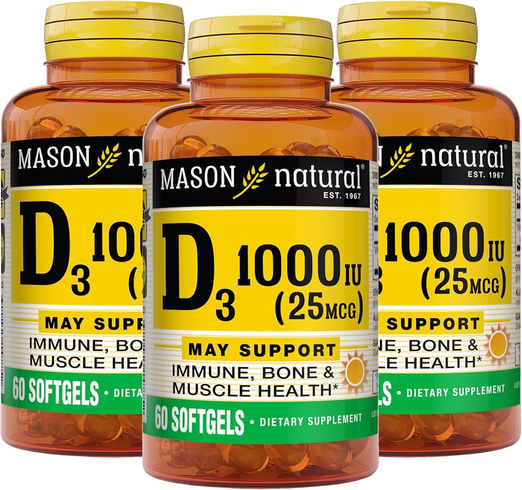 MASON ΦΥΣΙΚΗ Βιταμίνη D3 25 mcg (1000 IU), Οστική & Ανοσολογική Υποστήριξη, από ιχθυέλαιο, 60 Softgels (πακέτο των 3)