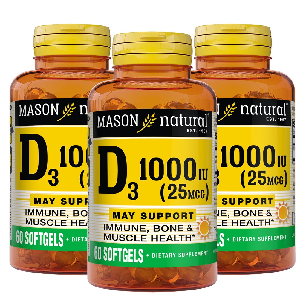 MASON ΦΥΣΙΚΗ Βιταμίνη D3 25 mcg (1000 IU), Οστική & Ανοσολογική Υποστήριξη, από ιχθυέλαιο, 60 Softgels (πακέτο των 3)