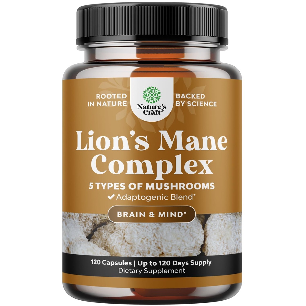 Advanced Lion's Mushroom Supplement - Lions Mane Supplement Capses with Reishi, Chaga, Mitake & Shiitake for Brain Health Memory Support & Focus - Nootropic for Mental Clarity - 120 Caps