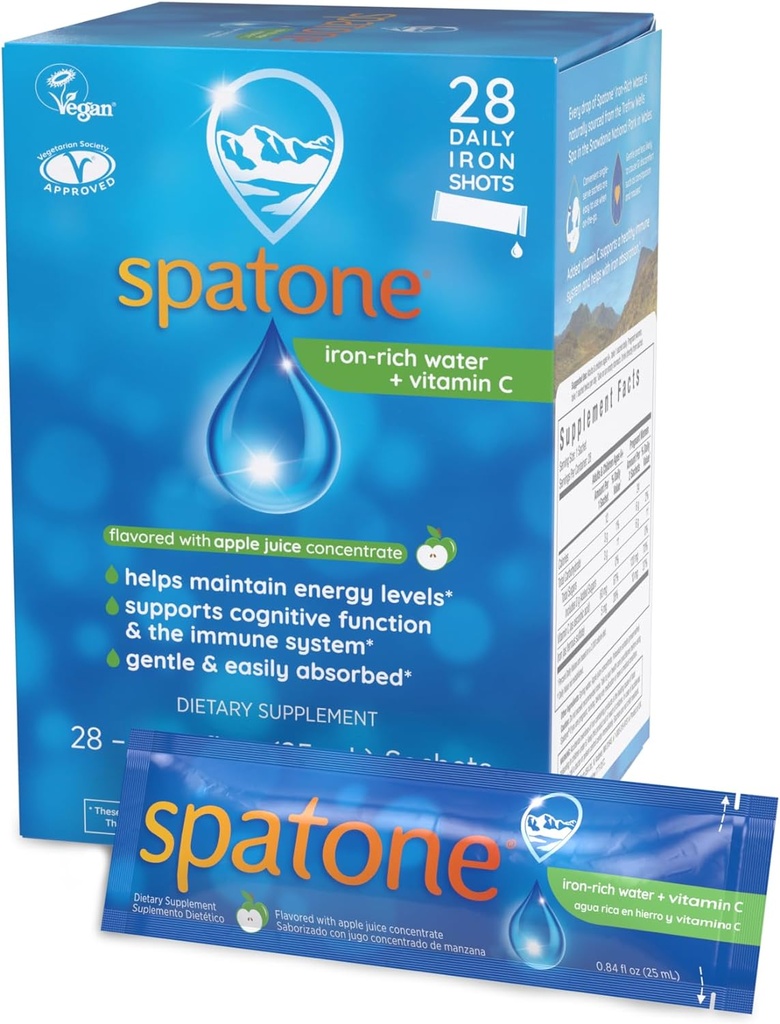 Spatone Natural Liquid Iron Supplement Plus VIT C για γυναίκες - Άνδρες & Παιδιά Ηλικίες 4+ - Ιδανικό Κατά τη διάρκεια της εγκυμοσύνης - Εύκολα Απορροφημένο & Απαλό - Vegan - Apple Γεύση - 28-Ημέρα - 5mg Iron Per 20mL Σακέτο