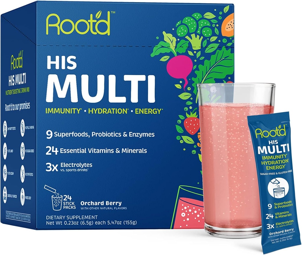 Root'd Multivitamin Powder με 3X Electrolytes για άνδρες - 24 Βιταμίνες & Ορυκτά, 3X Electrolytes, 9 Organic Superfoods, Probiotics & Enzymes, Sugar-Free Multivitamin & Hydration 