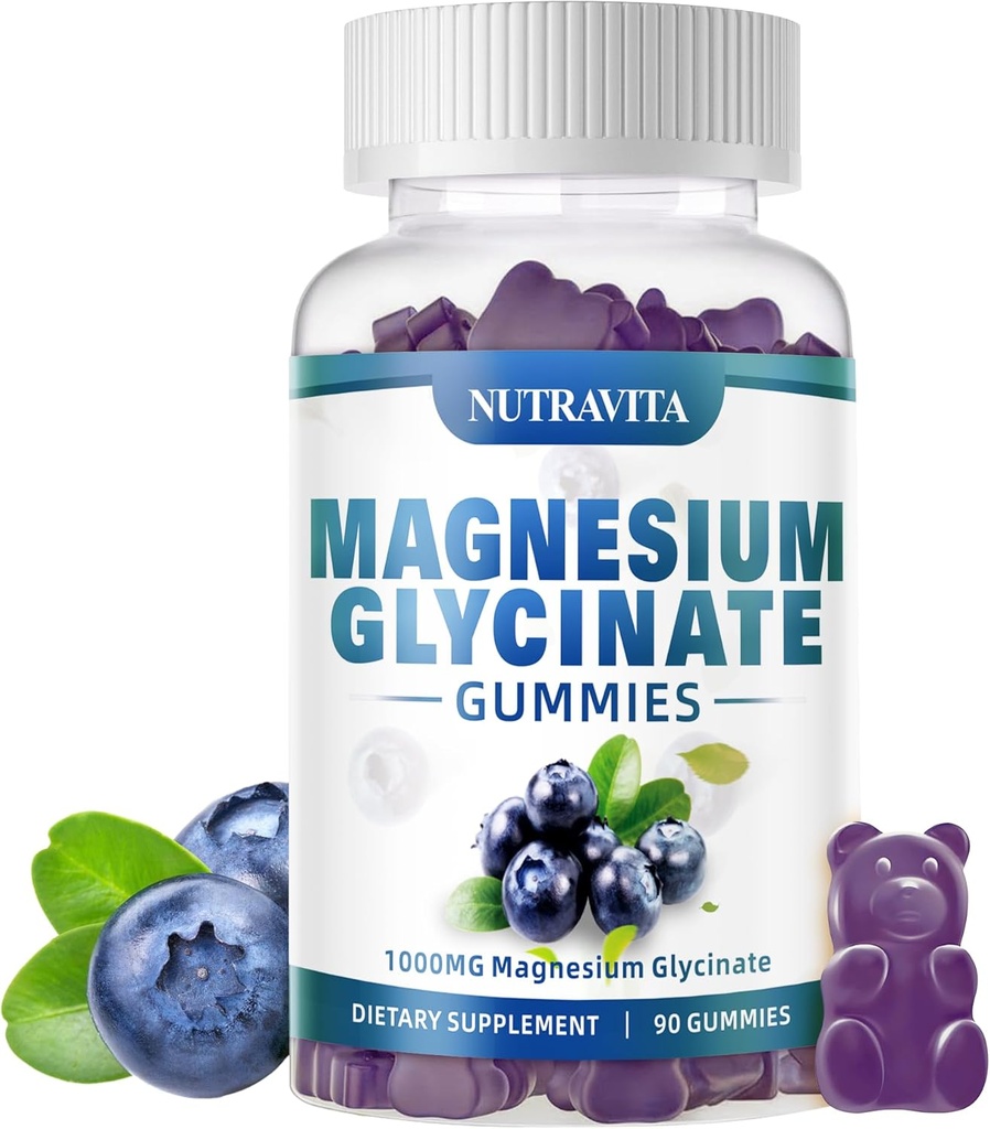 Glycinate Gummys μαγνήσιο 1000mg με L-Θρεονικό μαγνήσιο, Chelated Μαγνήσιο Κάλιο Συμπλέγματος συμπλήρωμα με VitD, B6, CoQ10, Ασβέστιο, Υποστηρίζει για τη μνήμη, ηρεμία, Mood - 90 Gummies Blueberry