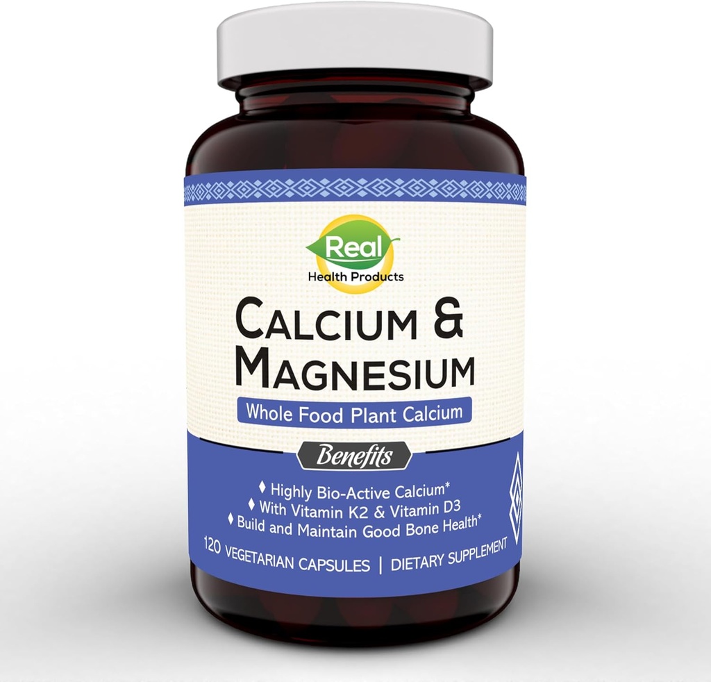 Plant Calcium & Magnesium Supplement with Boron, Vitamin D3 & K2 MK-7 - Optimal Calcium-Magnesium Ratio for Bone Strength and Health, Vegan, Non-GMO, Allergen-Free, 120 Capsules