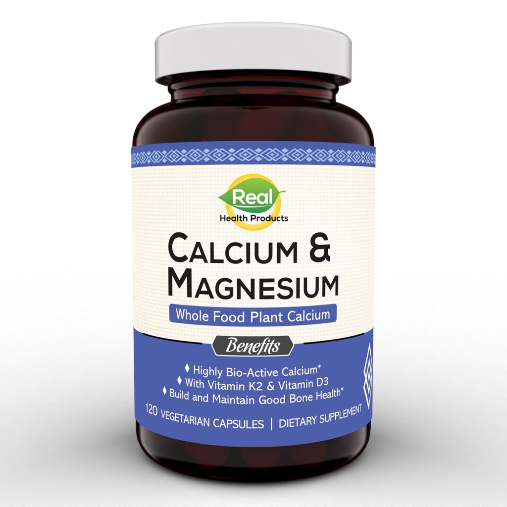 Plant Calcium & Magnesium Supplement with Boron, Vitamin D3 & K2 MK-7 - Optimal Calcium-Magnesium Ratio for Bone Strength and Health, Vegan, Non-GMO, Allergen-Free, 120 Capsules