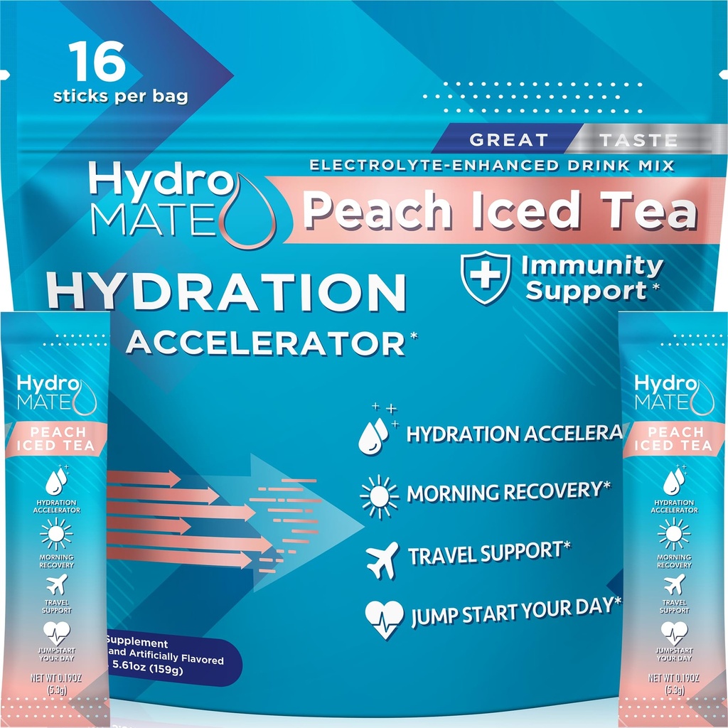 HydroMATE Ηλεκτρολύτης σε σκόνη Ροδάκινο Τσάι Υδάτωση Πακέτα χαμηλής ζάχαρης 16 Count