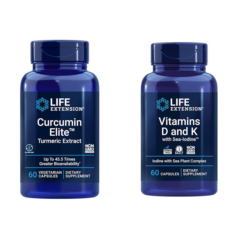 Επέκταση ζωής Curcumin Elite Turmeric Extract, Προάγει μια υγιή φλεγμονώδη Ανταπόκριση & Βιταμίνες D και K με Sea-Iodine, Βιταμίνη D3, Βιταμίνη K1 και K2