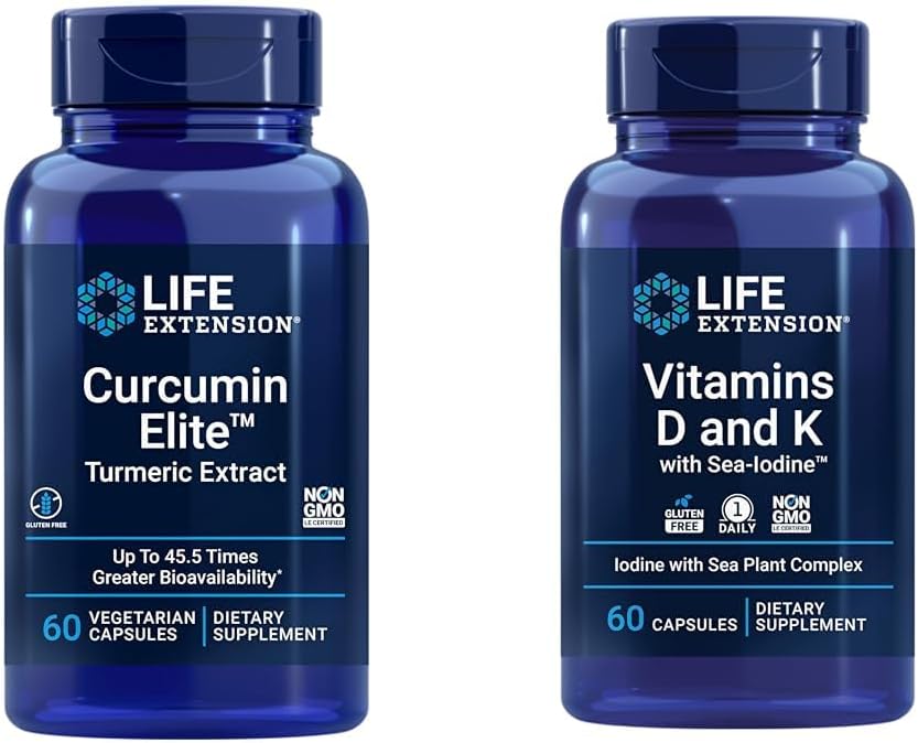 Life Extension Curcumin Elite Turmeric Extract, Promotes a Healthy inflammatory Response & Vitamins D and K with Sea-Iodine, Vitamin D3, Vitamin K1 and K2