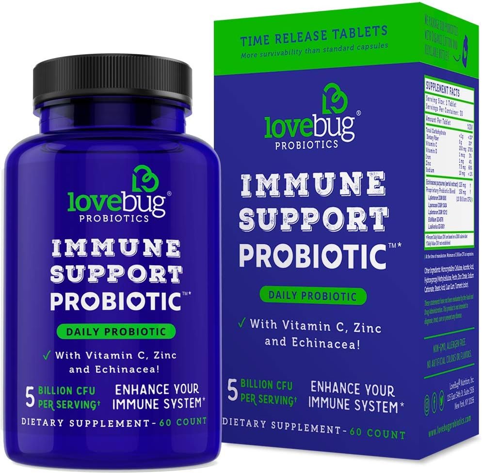 lovebug PROBIOTICS Immune Support Daily Probiotic for Men & Women, 40 Billion CFU & 6 Strains, Περιλαμβάνει βιταμίνη C, ψευδάργυρο & εχινάκεια, 30 κάψουλες, Vegan & μη ΓΤΟ