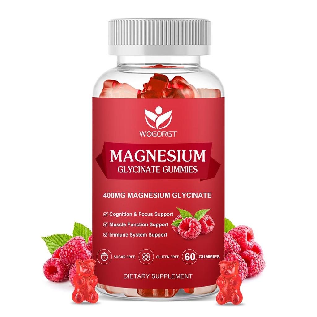 400mg Γλυκινικό μαγνήσιο Glycinate Gummies με 200mg μηλεϊνικό μαγνήσιο, βιταμίνη D, B6, και CoQ10, συμπλήρωμα γλυκινικό μαγνήσιο για την χαλάρωση και τη Γνωστικότητα, Χωρίς ζάχαρη, άρωμα σμέουρων - 60 Gummies