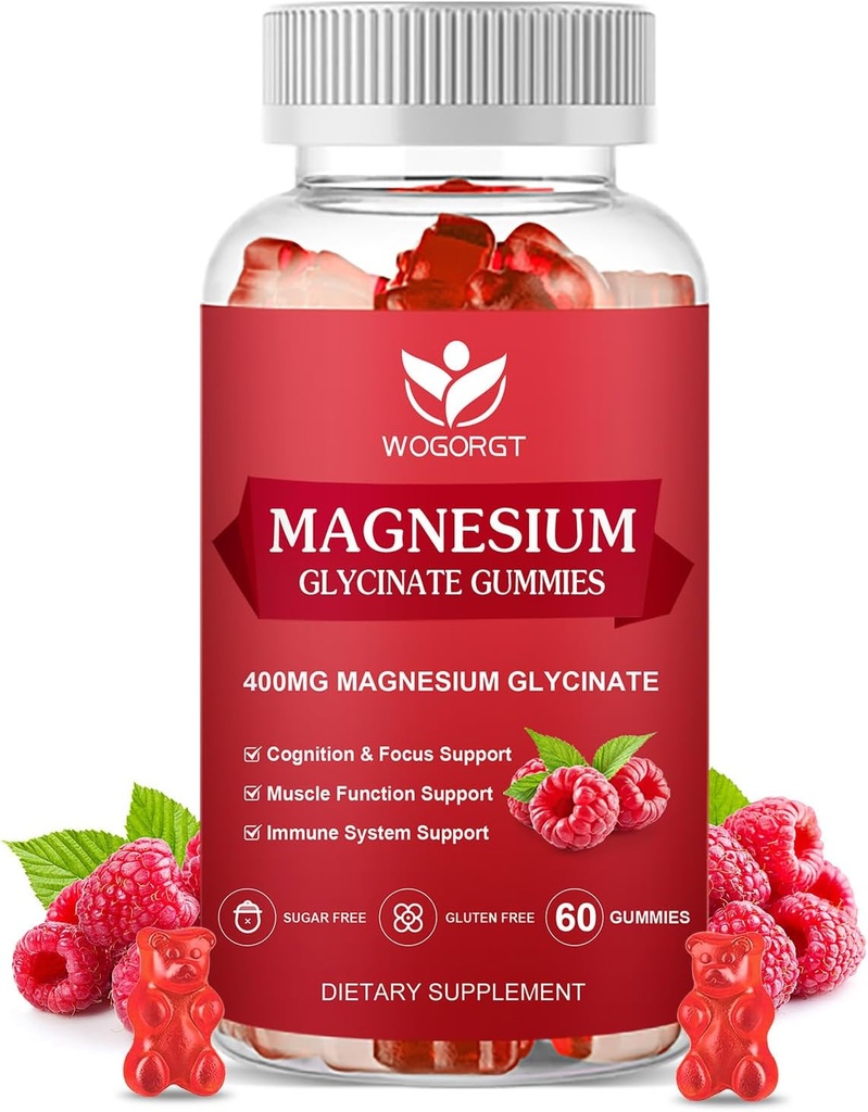 400mg Magnesium Glycinate Gummies with 200mg Magnesium Malate, Vitamin D, B6, and CoQ10, Magnesium Glycinate Supplement for Relaxation and Cognition, Sugar Free, Raspberry Flavor - 60 Gummies