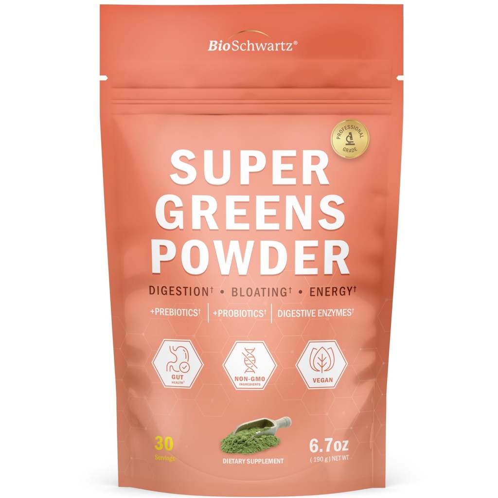 BioSchwartz Πράσινοι σε σκόνη Super Greens με προβιοτικά, προβιοτικά, Digestive Enzymes & 43 Green Superfoods - Chlorophyl, Bilberry, Chlorella, Spirulina - Γεύσεις Εκπληκτικές - 30 Μερίδες