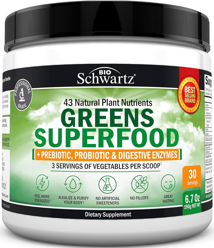 Super Greens Powder Superfood - Πράσινοι Σκόνη με Προβιοτικά Προβιοτικά Digestive Ένζυμα και 43 Πράσινα Superfoods - Χλωροφύλλη Bilberry Chlorella Spirulina Grass - Γεύσεις Εκπληκτικές - 30 Υπηρεσίες