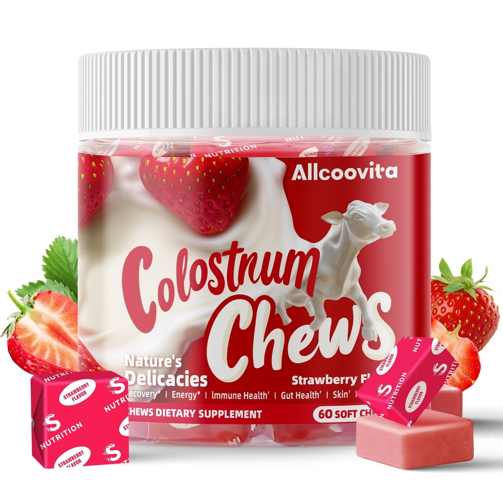 Bovine Colostrum Chews Supplement with probiotics for Gut Health, Bloating, Immune Support, Skin, Hair Growth and Beauty - Strawberry Flavor (60 Servings)