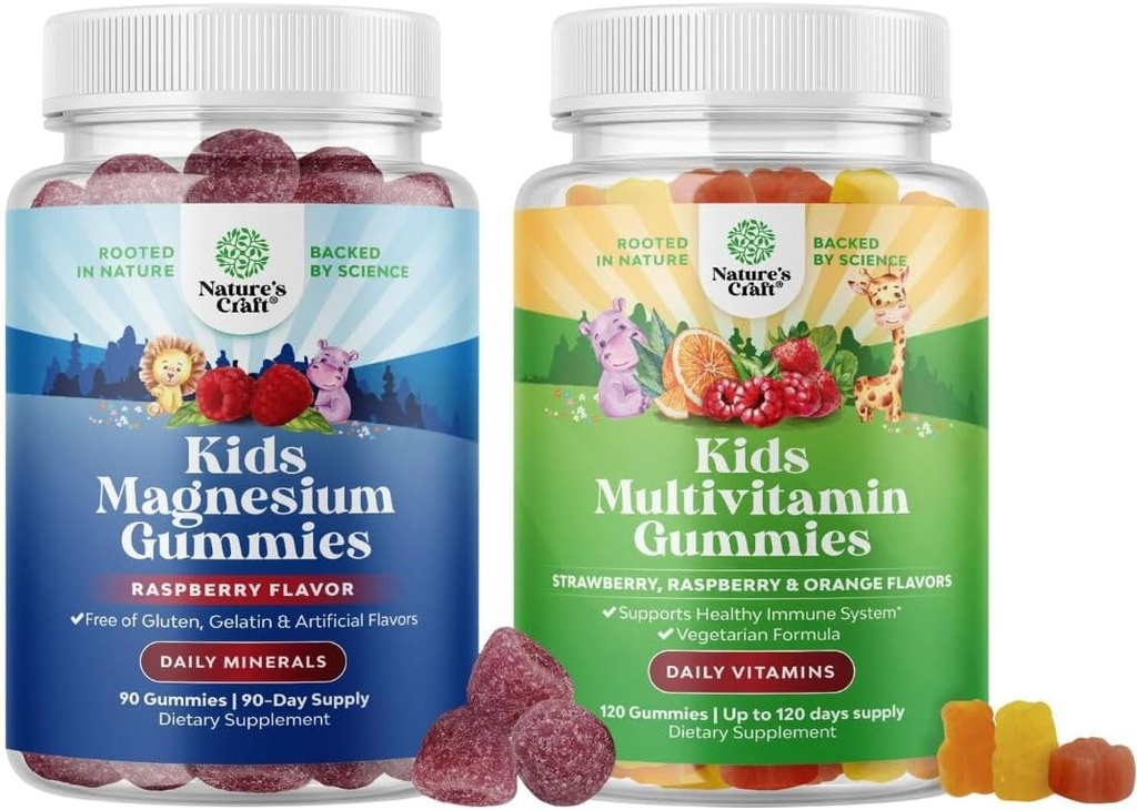 Πακέτο Παίδων Μαγνήσιο Gummies - Συμπλήρωμα για Νεύρα Υγεία, Μυς & Υγιεινή Καρδιά Υποστήριξη, και Plant Based Kids Multivitamin Gummies - Πολυβιταμίνη για Ανοσία Υποστήριξη με Βιταμίνες A C D3 E B