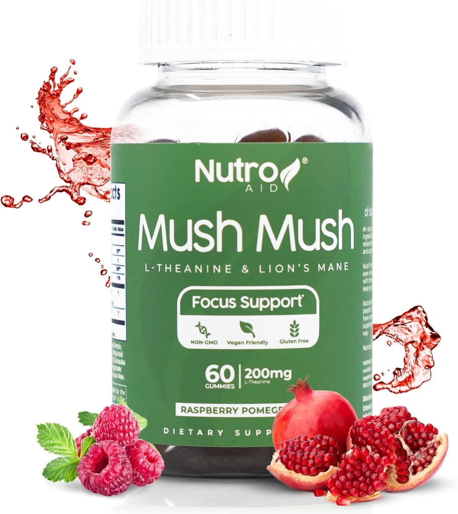Lions Mane Supplement - Mush Mush Gummys - Mush Mush Genius Μανιτάρια Magic Mind - Προάγει το Focus με L-Theanine & Lions Mane - Βατόμουρο & Ρόδι Γεύση για Perk Energy - 60 Gummies