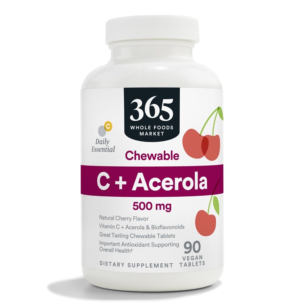 365 από το Whole Foods Market, Chewable C + Acerola C 500mg, Φυσικό άρωμα κερασιού, Vegan, 90 δισκία