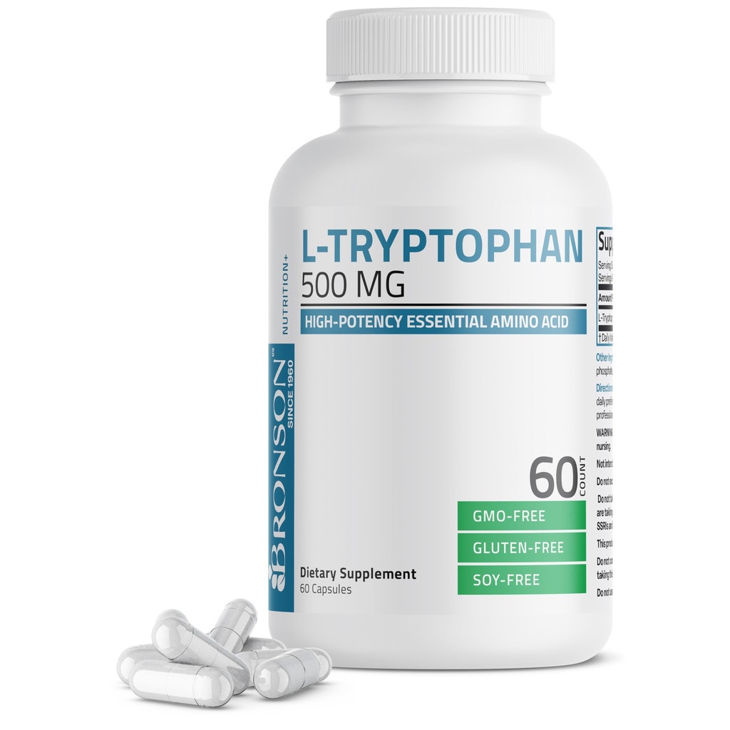 Bronson L-Tryptophan 500 MG Υψηλή ισχύς Απαραίτητο αμινοξύ υποστηρίζει χαλάρωση & θετική διάθεση υποστήριξη μη-GMO, 60 κάψουλες