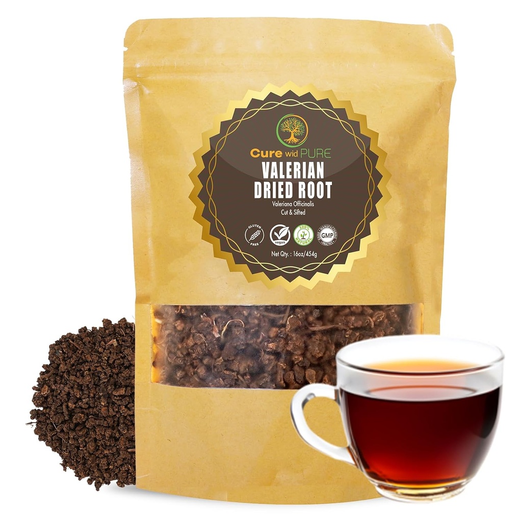 Cure wid Pure Organic Valerian Root Tea - Cut,Sifted & Non-Irradiated Valerian Tea Προάγει το φυσικό χαλαρωτικό ύπνο - Te De Valeriana officinalis σε Resealable Eco Friendly Pouch 16oz