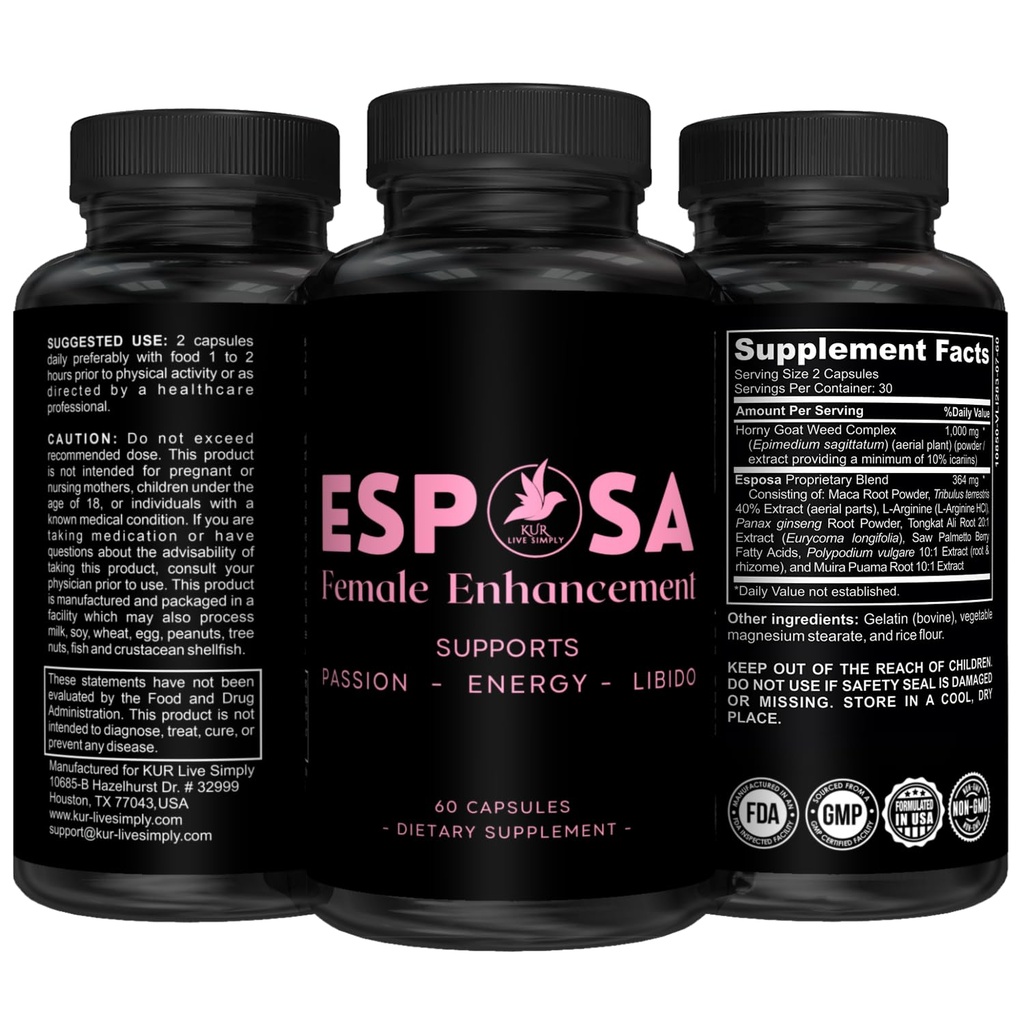 Esposa Female Libido Booster για τις γυναίκες – Reignite Πάθος, αύξηση της ενέργειας & ευαισθησίας, Boost Mood & Desire – Made in USA Χάπια φυσικής γυναικείας βελτίωσης με Horny Goat Weed – 60 κάψουλες