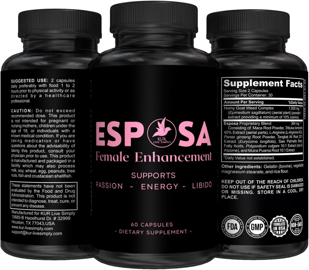 Esposa Female Libido Booster για τις γυναίκες – Reignite Πάθος, αύξηση της ενέργειας & ευαισθησίας, Boost Mood & Desire – Made in USA Χάπια φυσικής γυναικείας βελτίωσης με Horny Goat Weed – 60 κάψουλες