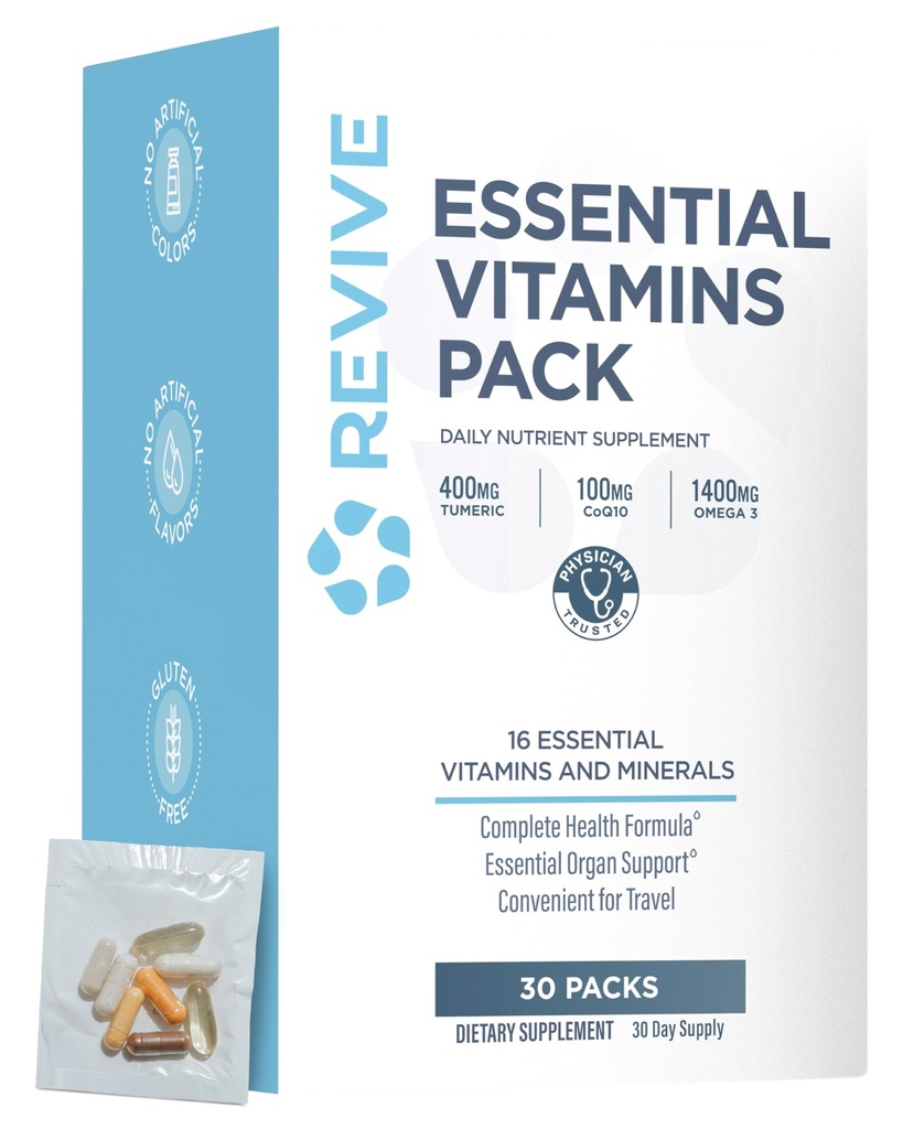 Revive MD Essential Vitamin Packs για γυναίκες & άνδρες, Vitamins Pack Daily Nutrient Supplement - Travel-Friendly Multivitamin Packets με Arjuna & Turmeric Extract Υποστήριξη καρδιά, κοινή, & υγεία οργάνων