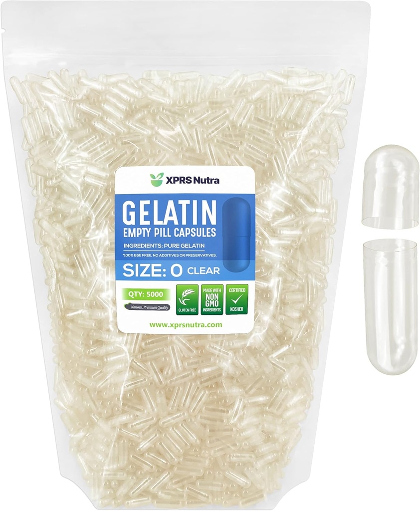 XPRS Nutra Μέγεθος 0 Κενές κάψουλες - 5000 Cut Clear Empty Gelatin Κάψουλες - Χάπια DIY Καψάκιο Γέμισμα - Καθαρά καπάκια τζελ Μπόβιν Χάπι για το Do-It-Yourself Συμπληρώματα