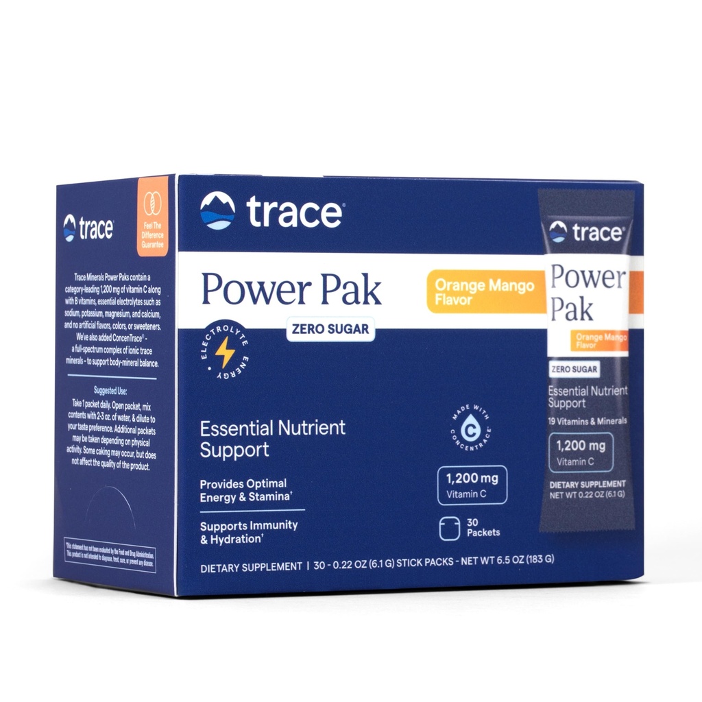 Trace Minerals Power Pak Multivitamin and Multimineral Packets - Ηλεκτρολύτη Υποστήριξη - 1200 mg Βιταμίνη C Plus 70 Χωρίς ζάχαρη - Πορτοκαλί Mango Γεύση - 30 Πακέτα