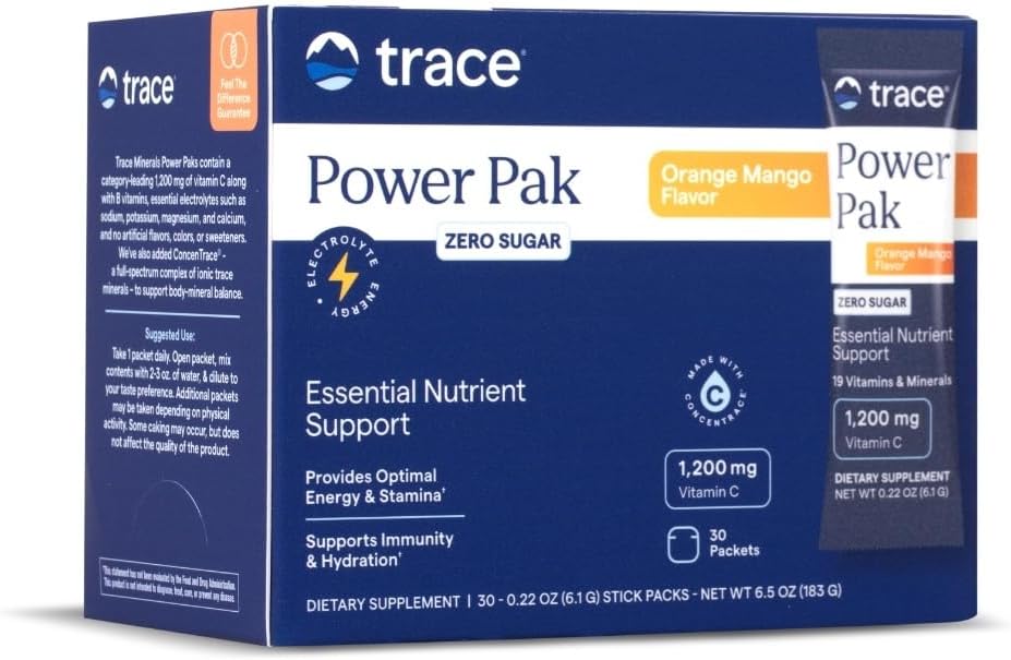 Trace Minerals Power Pak Multivitamin and Multimineral Packets - Ηλεκτρολύτη Υποστήριξη - 1200 mg Βιταμίνη C Plus 70 Χωρίς ζάχαρη - Πορτοκαλί Mango Γεύση - 30 Πακέτα