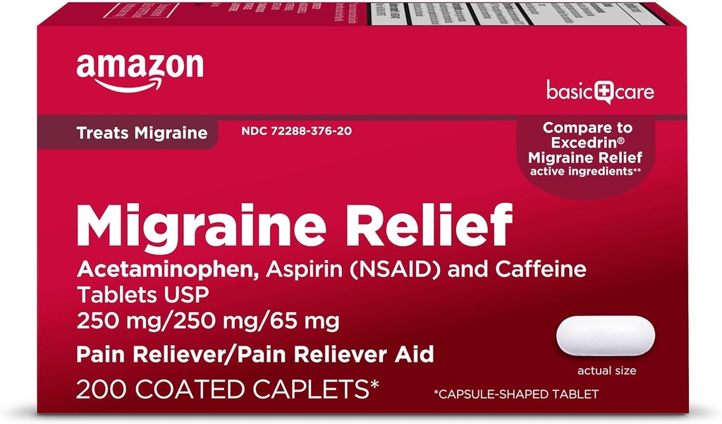   Basic Care Migraine Relief, Acetaminophen, Aspirin (NSAID) and Caffeine Tablets, Headache Pain Reliever/Pain Reliever Aid, 200 Count